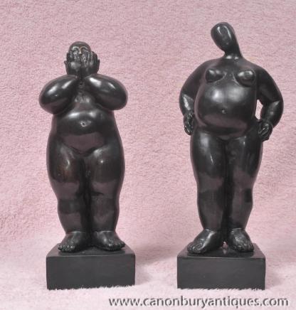 Pair Bronze Plump Figurines Statues Botero Casting